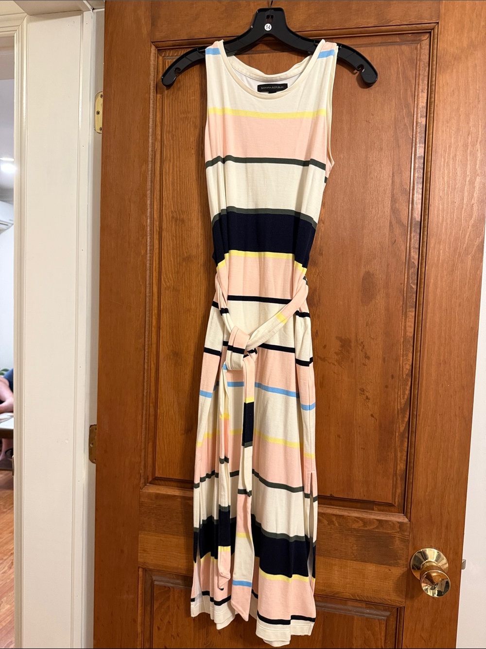 Banana Republic Sleeveless Striped Maxi Dress in Pastel Pink, Navy and Cream